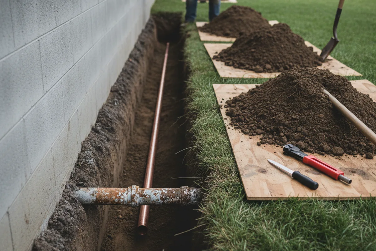 Excavated water line trench during Water Heater Repair in Palermo